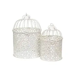 Desain baru tempat lilin sangkar burung berongga logam tempat lilin tealight Shabby Chic gaya negara Perancis Tempat lilin perak Set dua