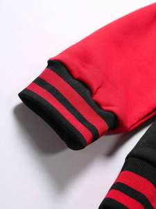 <b>Black</b> Red College Baseball Jacket Men Woolen Body Contrast Rib Trim Zipper Closure Warm Winter Casual Hooded 100% Cotton - Product Image 4