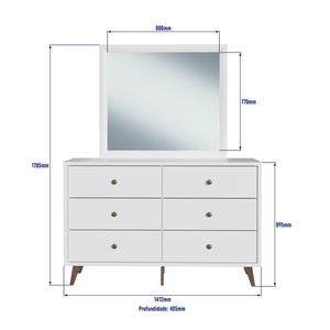 Commode 6 tiroirs style moderne Decibel avec miroir, meuble de chambre en bois aggloméré blanc, design brésilien haut de gamme - Product Image 4