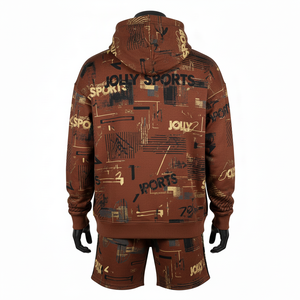ชุดเซ็ตฮู้ดดี้ผ้าฟลีซคอตตอนโพลีเอสเตอร์พรีเมียม 320 GSM สีน้ำตาล ลายกราฟิก พิมพ์โลโก้ตามสั่งด้วยเทคนิค Sublimation สำหรับผู้ชาย เหมาะสำหรับใส่ออกกำลังกาย - Product Image 2