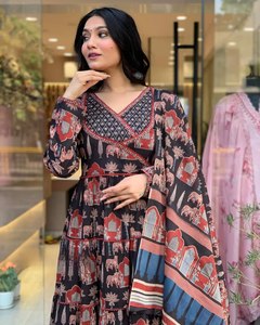 ชุดคลุมอนาลกาลิจากผ้าฝ้ายปากีสถานสำหรับผู้หญิงเดรสอินเดียยาวถึงพื้นพร้อมลูกไม้ตกแต่งด้านบนสไตล์ซักได้ - Product Image 3