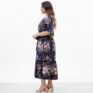 Robe mi-longue en georgette douce de luxe pour femmes Unity Luxure, style enveloppant, à fleurs, avec ceinture à nouer à la taille - Product Image 2
