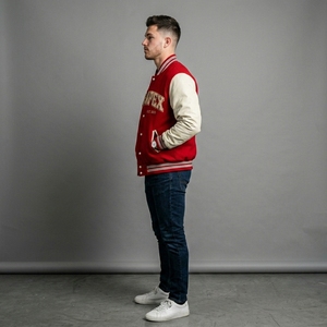 <b>Red</b> Cream Letterman Jacket <b>Wool</b> Body Leather Sleeves Rib Knit Collar Cuffs Snap Front Custom Logo Streetwear Outerwear Mens Coat - Product Image 3