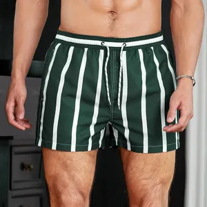 Men's Dark Green Non-Stretch Striped Drawstring Waist Swim Trunks: Comfortable and Stylish Beachwear