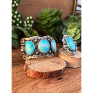 Navajo Fine Jewelry <b>Sets</b> Big Nugget Turquoise & Sterling Silver Cuff <b>Bracelet</b> & Ring Size 8 - Product Image 4