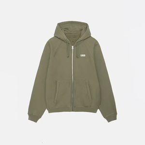 Vert Olive Hiver Full Zip Hoodie Tricoté Solide Motif Technique Lavée avec Cordon de Serrage - Product Image 1