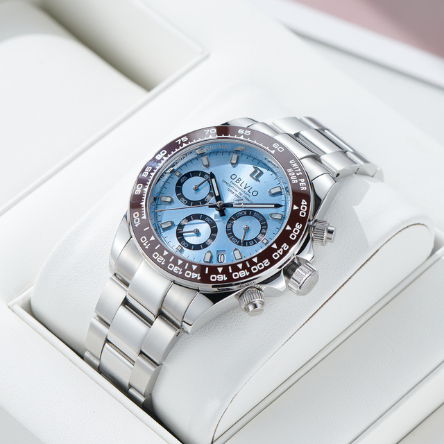 OBLVLO Luxury RX-DY Men's Quartz Sport Watches Multifunctional Analog Date Luminous Features New Stainless Steel Three Eyes