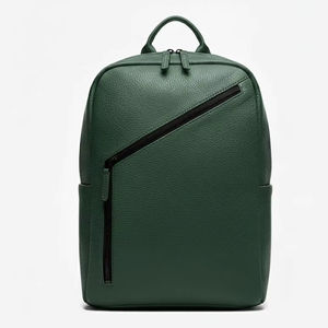 Premium Green Leather <b>Backpack</b> <b>with</b> Diagonal Zipper Slim Business and Laptop <b>Backpack</b> - Product Image 1