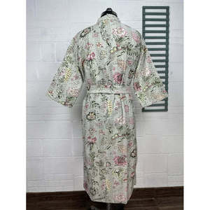 <b>Kantha</b> Reine Cotton Women's Long Kimono <b>Jacket</b> Casual Style Soft Woven Pastel Green Affe Tier Print Reversible - Product Image 6