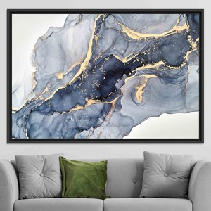 Impresión en Lienzo de Mármol Azul y Dorado Abstracto Moderno: Diseño Elegante con Tinta Fluida, Lienzo con Marco NEGRO - Product Image 1
