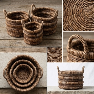 Ensemble de paniers de rangement en écorce de bananier naturelle, empilables, avec poignée en anneau arqué, pots cylindriques, pour décoration artistique de pièce et artisanat - Product Image 3