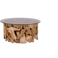 Table basse ronde en racine de teck, fabriquée à la main en bois de teck massif pour un espace de vie naturel et rustique