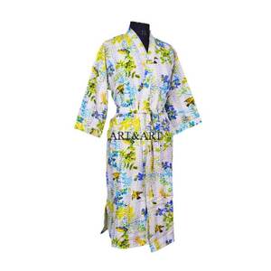 Beautiful Elegant Indian Cotton Hand Block Print Kantha Floral <b>Kimono</b> <b>Robe</b> Wrap for Women with <b>Long</b> Sleeve - Product Image 6