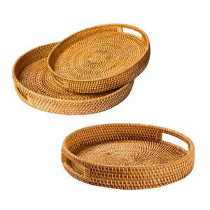 Wholesale Natural Round Wicker RATTAN <b>BASKET</b> / TRAY <b>with</b> Dual <b>Handles</b> Rustic Boho Table Decor & Food Serving <b>Basket</b> - Product Image 1