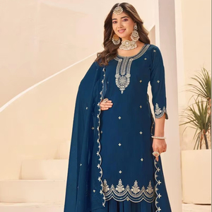 Dhwaja Export Salwar Kameez Traditionnel pour Femme en Soie Vichitra avec Broderie, Séchage Rapide, Toutes Saisons, pour Diwali, Mariage, Fête, Coupe Classique - Product Image 1
