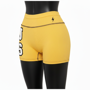 Shorts deportivos para mujer, 240 GSM, tela premium de poliéster y spandex, color amarillo, corte atlético, logotipo bordado. - Product Image 4