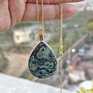 Women's fashion natural kambaba jasper long teardrop pendant necklace 18k gold plated cable chain adjustable needle necklace - Product Image 5