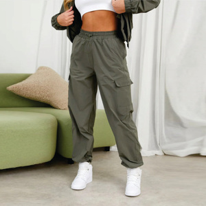 กางเกงคาร์โก้ลำลองเอวสูงของผู้หญิงกางเกงผ้าแคนวาสสีเข้มน้ำหนักเบา - Product Image 2