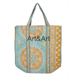 Sacs fourre-tout en coton vintage faits à la main pour femmes, deux poignées, imprimé floral en blocs, matelassé, fermeture ouverte, voyage d'été, hiver, toutes saisons - Product Image 2