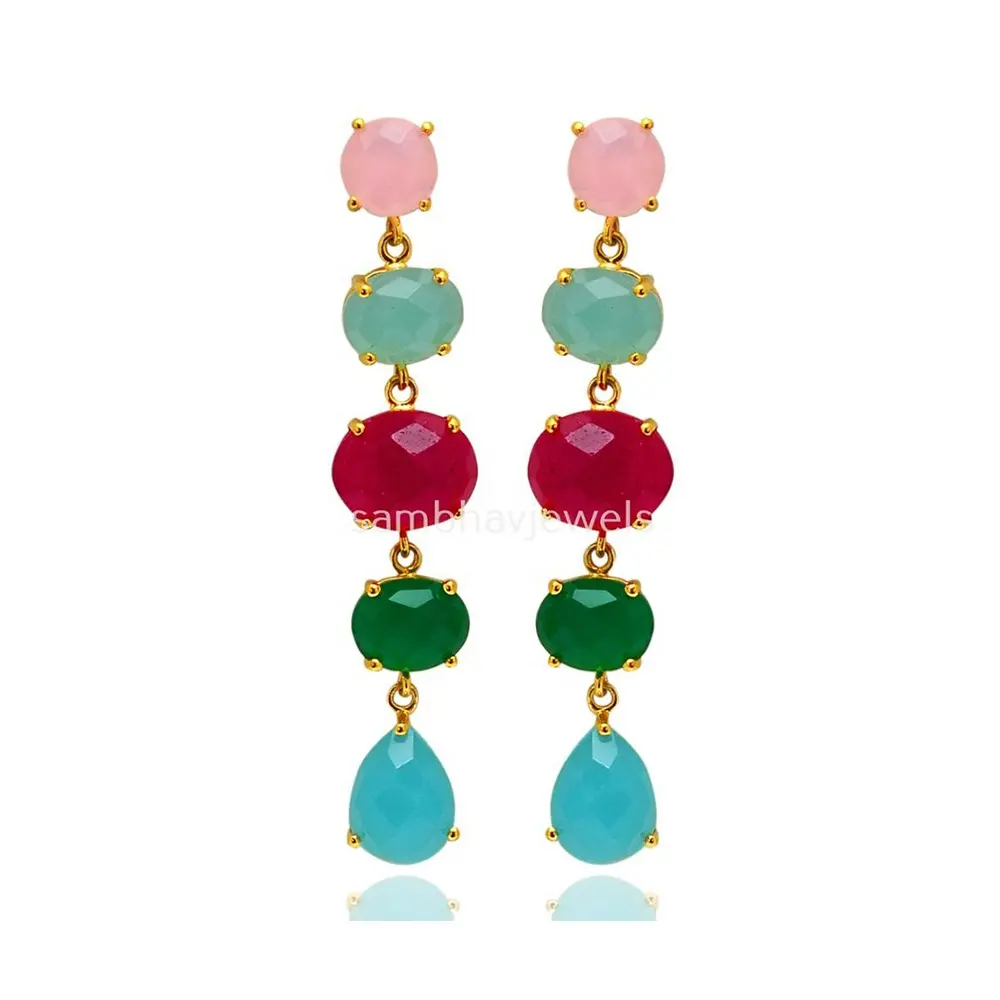 Ruby Green Onyx Dangle Earrings Gold Plated Multi Color Stone Five Layer Cocktail Earring Women Fine Jewelry Multi Stone Earring