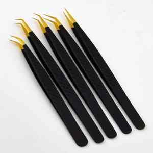 Pince à épiler pour extension de cils Noir et Or en fibre d'acier inoxydable de haute qualité Pointe greffée pointue droite et incurvée - Product Image 1