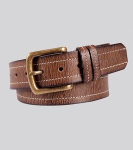 Cinturón clásico de cuero occidental vintage con hebilla de latón de costura blanca decorativa-Accesorio de jeans genuino duradero hecho a mano - Product Image 1