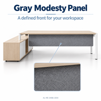 Bureau de direction moderne en L avec armoire, plateau en bois clair, support blanc, panneau gris, usage commercial, pour manager