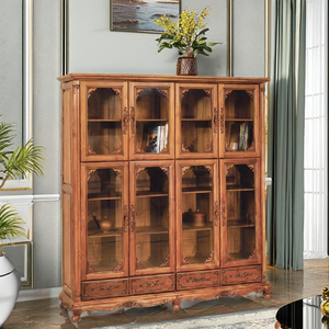 Librerías románticas de teca de estilo francés tallado, estanterías con 8 puertas y 4 cajones para sala de estudio y oficina - Product Image 4