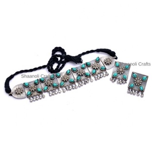 Collar de Gargantilla tribal bohemio de plata antigua de buena calidad con piedra preciosa turquesa, joyería de boda y fiesta chapada en plata - Product Image 4