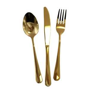 Ensemble de couverts de mariage modernes de luxe en acier inoxydable poli miroir, avec couteau, cuillère à dessert et fourchette plaqués or, vente en gros - Product Image 1