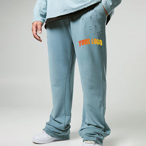 Pantalon de survêtement ample à jambe droite en toile de haute qualité, lourd, délavé, avec logo brodé personnalisé, décontracté, taille élastique, ample - Product Image 4