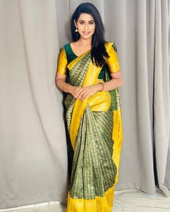 Sarees en soie Jacquard lourd de haute qualité avec bordure de tissage Jacquard doré vêtements indiens et pakistanais - Product Image 3