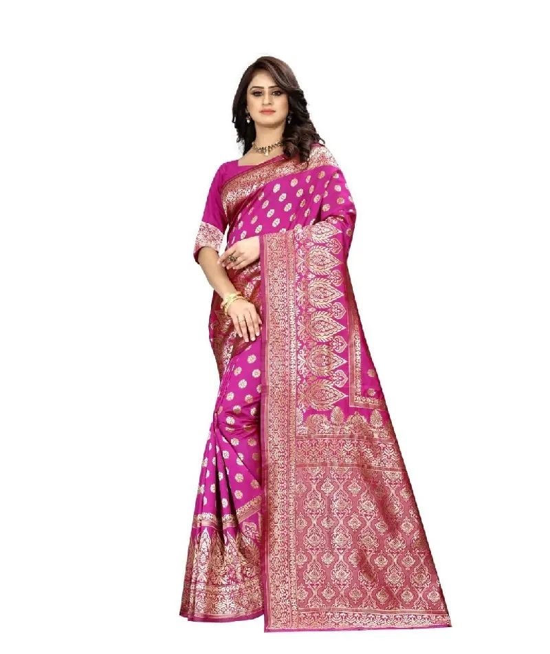 Las últimas colecciones de vestidos y saris de diseñador para mujeres para bodas y festivales usan Sari de seda Kanjipuram Sari de seda