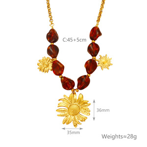 Collares con colgante de ámbar chapado en oro con dijes de corazón de flor de sol, cadena de aleación estilo bohemio para uso diario - Product Image 6