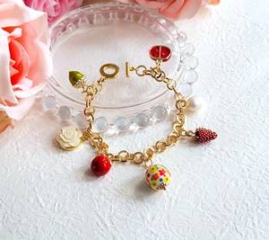 Spring Summer Fruit Charm <b>Bracelet</b> <b>Freshwater</b> <b>Pearl</b> Toggle Clasp 925 Sterling Silver 14K Gold Plated Gift For Her - Product Image 1
