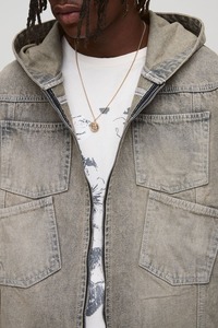 Veste en jean à texture lavée avec pierre légère et logo patchwork avec broderie personnalisée avec plusieurs poches Veste Hip Hop à capuche pour hommes - Product Image 5