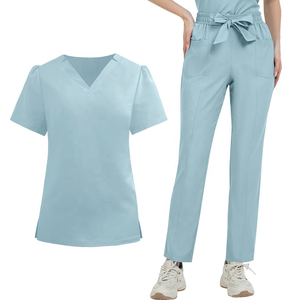 Venta al por mayor OEM Hospital Uniformes Quirúrgicos Logotipo Personalizado 100% Algodón y Spandex Manga Corta Scrub Set - Product Image 1