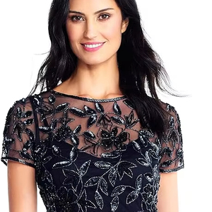 Robe fourreau en mousseline de soie à col rond et demi-manche pleine longueur Poly Mesh Casual Formal Party Bow Collar Crystal Sequin Beaded Pattern - Product Image 1