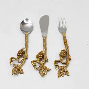 Indiase Messing Keukengereedschap Bestekset Metalen Gouden Handvat Serviesgoed Bestek Rvs Serveerlepel Set Servies Bestek