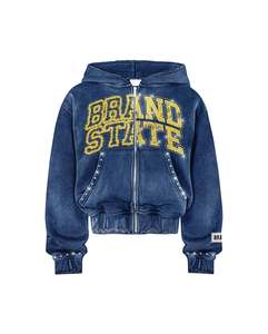 Exquisito aplique de diamantes de imitación con cremallera de gran tamaño francés Terry Drop Shoulder Vintage lavado con ácido Sudadera con capucha desgastada chándal - Product Image 2