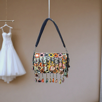 Sac à bandoulière pour demoiselles d'honneur, noir et or, orné de perles, sac à main de créateur avec travail miroir, pompons, design unique, occasions spéciales