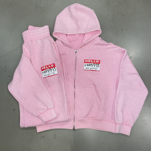 Conjunto de Sudadera con Capucha y Pantalones Deportivos Cortos de Algodón y Elastano, Personalizados, Estilo Urbano, Elásticos, con Pedrería y Cremallera - Product Image 1