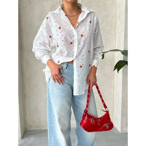 Blusa Casual de Manga Larga para Mujer TOPSHOW, Roja, Bordada con Broderie Anglaise, de Algodón y Poliéster, para Uso Diario - Product Image 3