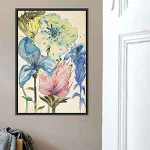 Impression sur toile élégante à motifs floraux bleus et jaunes : décoration Cottagecore, toile encadrée noire - Product Image 1