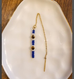 Luxury QualityBlue and Gold Seed Bead Ear <b>Threader</b> <b>Earrings</b> | Beaded Bar <b>Earrings</b> Beaded Tassel <b>Earrings</b> - Product Image 2