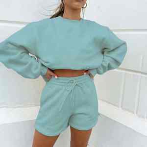 Ensemble Sweat-shirt à col rond en polaire spandex/polyester et short à tricoter pour femmes coupe normale tenue décontractée respirante 2 pièces - Product Image 4