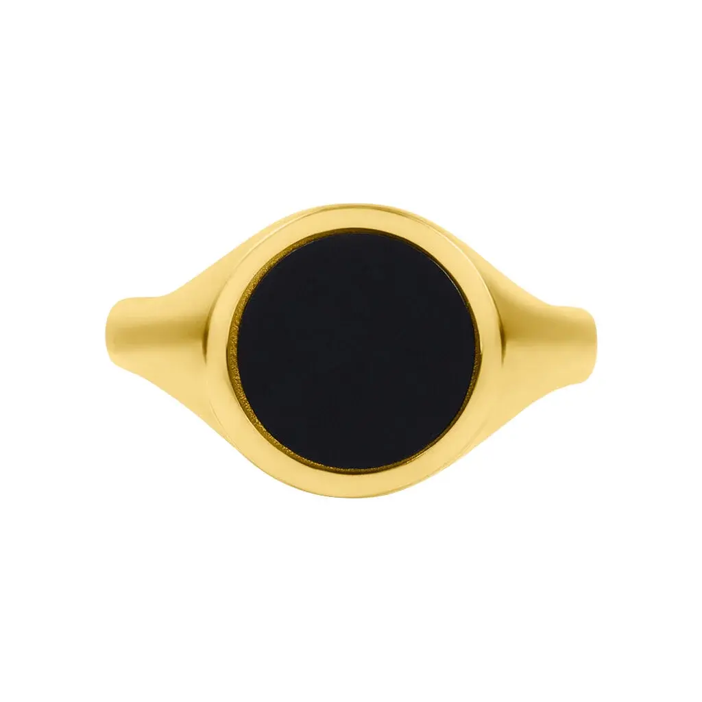 Protofusion Men's Black Onyx Classic Ring - Round Shaped in Elegant 18k Pure Gold with 3-D Stamp Detail - Timeless Appeal
