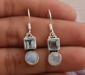 Pendientes de aro de boda minimalistas chapados en rodio de Plata de Ley 925 con Topacio azul natural y piedra lunar arcoíris para mujer - Product Image 3