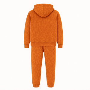 Ensemble de survêtement streetwear d'hiver orange délavé à l'acide et usé avec logo Gain, comprenant un sweat à capuche et un pantalon de jogging - Product Image 2