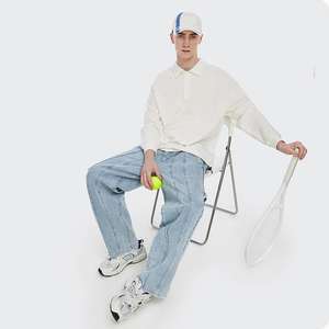 Jeans baggy pour homme en coton 100% avec logo personnalisé OEM, bleu clair, pantalon à jambes larges, imprimé, couleur foncée, fermeture éclair, lavé, style streetwear, grande taille - Product Image 5